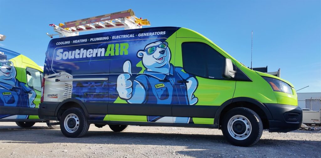 Bright green and blue Southern Air service van with cartoon mascot character giving thumbs up, equipped with roof rack and tools for cooling, heating, plumbing
